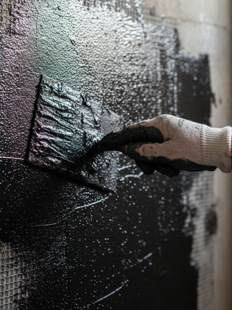 Nahaufnahme: Handschuhhand zieht mit Zahnkelle eine glänzend-schwarze Bitumendickbeschichtung auf eine Betonwand auf.