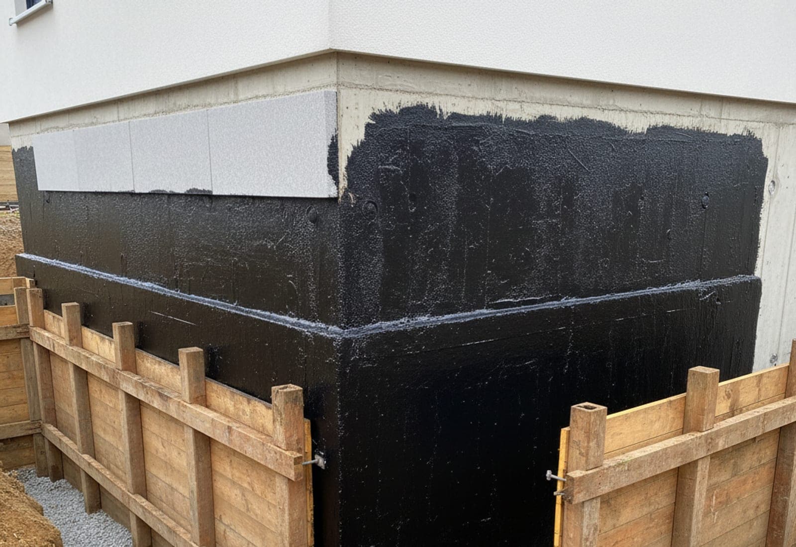 Freigelegte Kellerwand mit frisch aufgetragener schwarzer Bitumendickbeschichtung, Perimeterdämmung und Ringdrainage am Fundament.