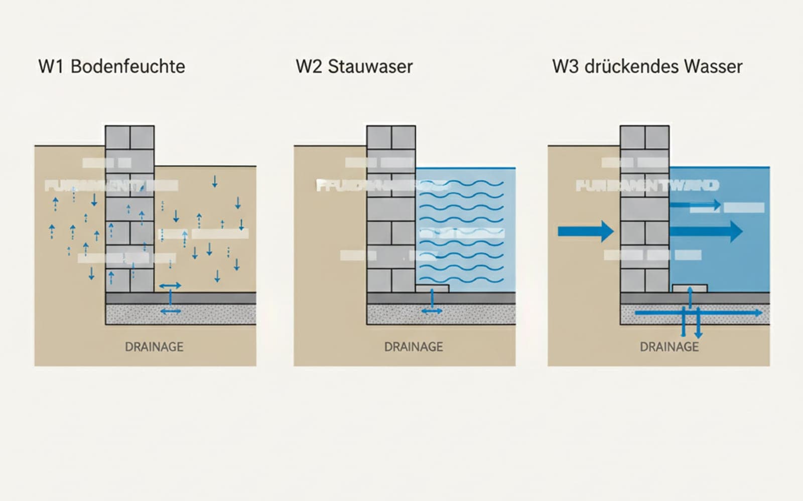 Schnittzeichnung der drei Lastfälle nach DIN 18533 – Bodenfeuchte, Stauwasser, drückendes Wasser – an einer Kellerwand mit Drainage.