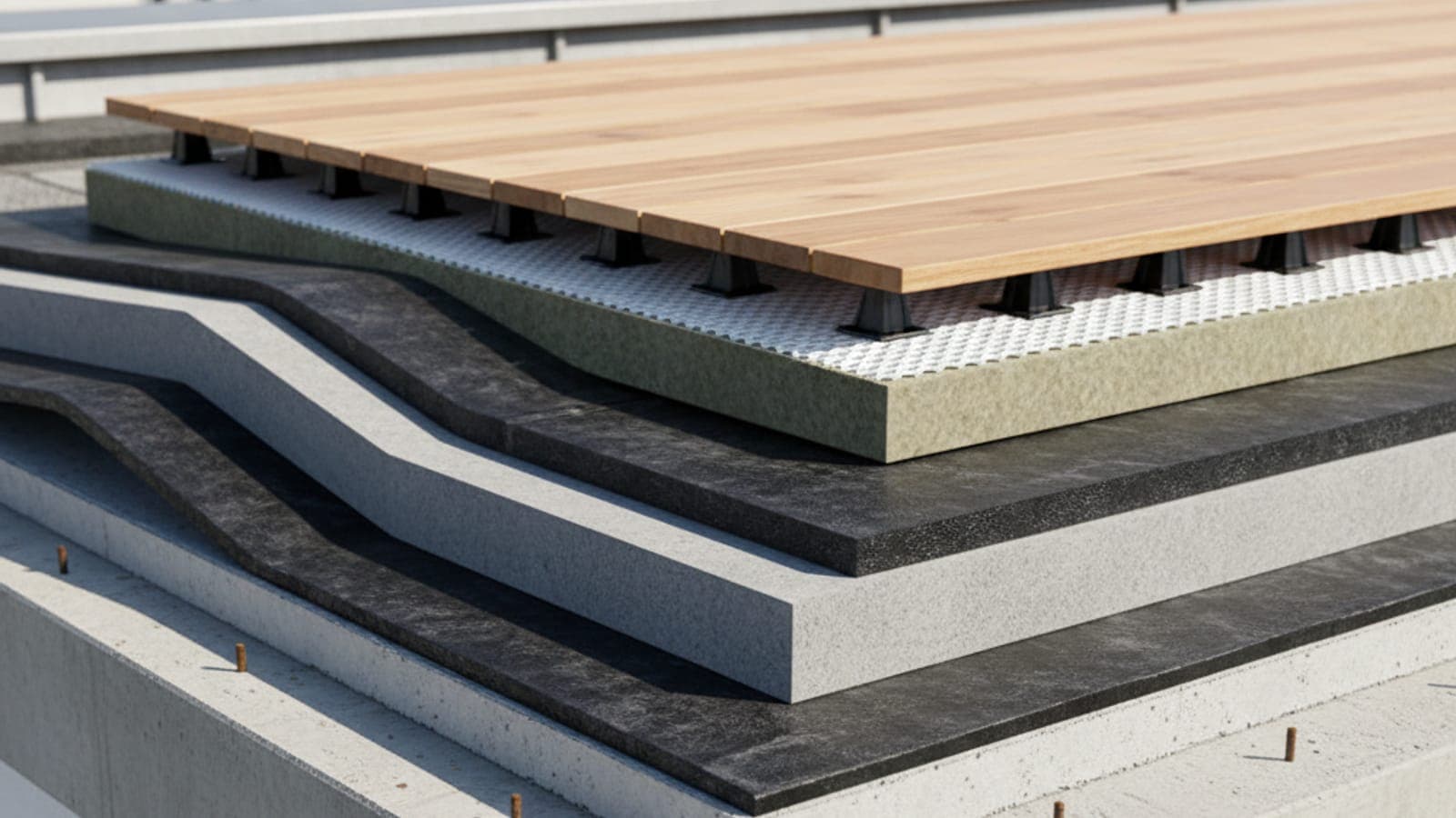 Schichtaufbau einer Dachterrasse im Anschnitt: Betondecke, Dampfsperre, Wärmedämmung mit Gefälle, schwarze Abdichtung, weiße Drainagematte und Holzdielen auf Stelzlagern.