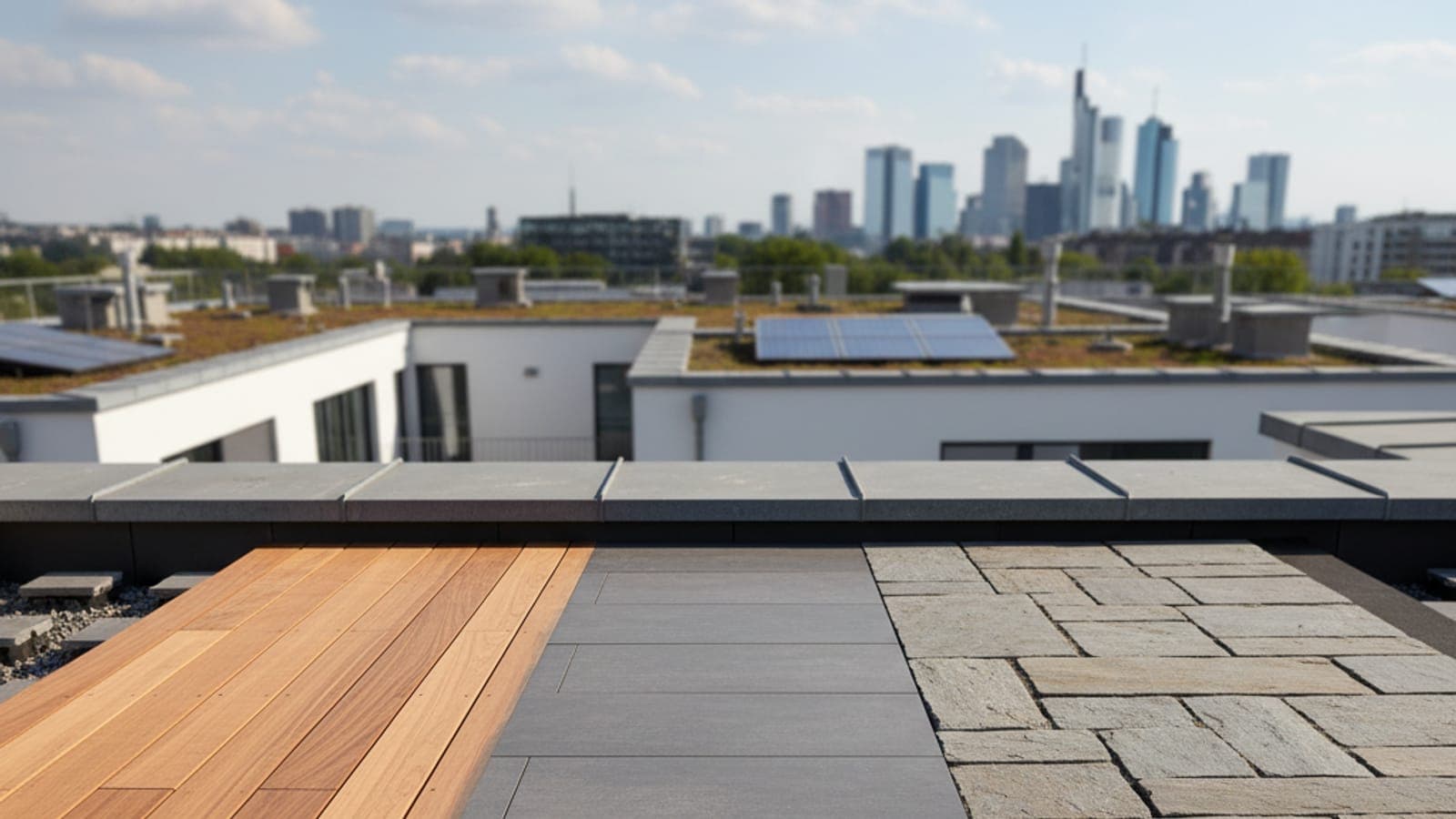 Drei Belag-Varianten im direkten Vergleich auf einer Dachterrasse: Holzdielen, große graue Feinsteinzeug-Platten und Naturstein im Splittbett.