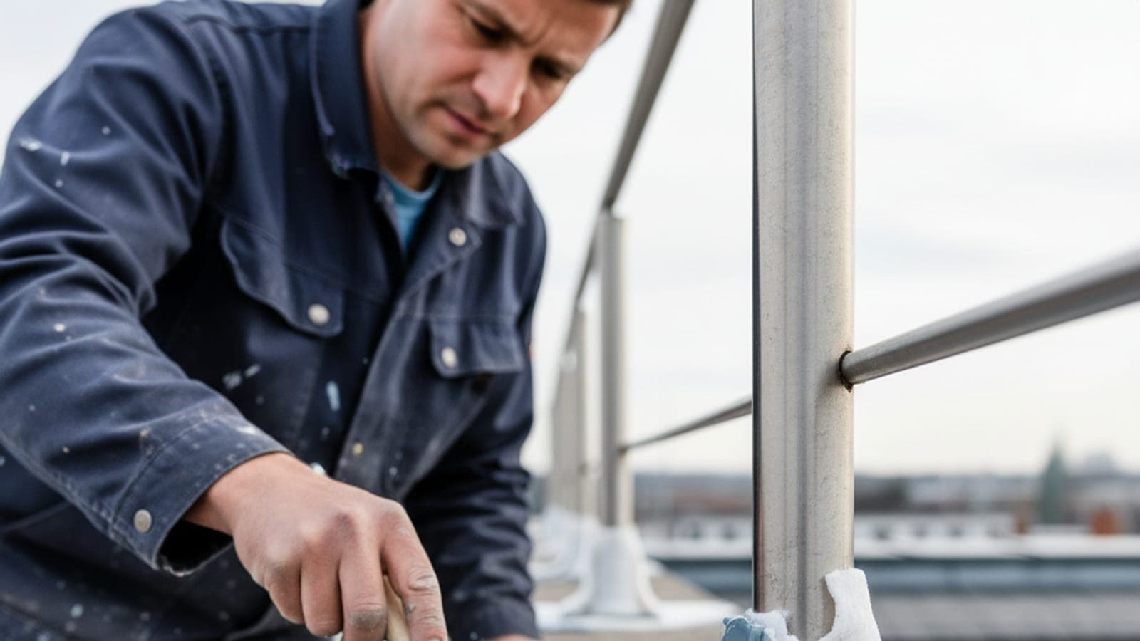 Handwerker streicht mit dem Pinsel Flüssigkunststoff fugenlos um eine Edelstahl-Geländerstütze auf einer Dachterrasse.