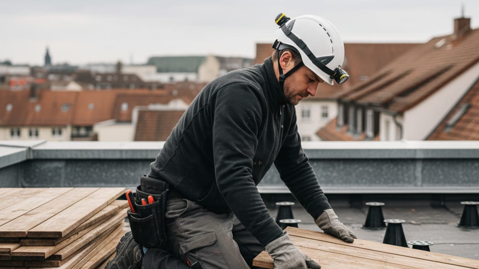 Dachdecker hebt einzelne Holzdielen einer alten Dachterrasse ab und legt die Abdichtung darunter frei – sichtbare Stelzlager auf der dunklen Bahn.