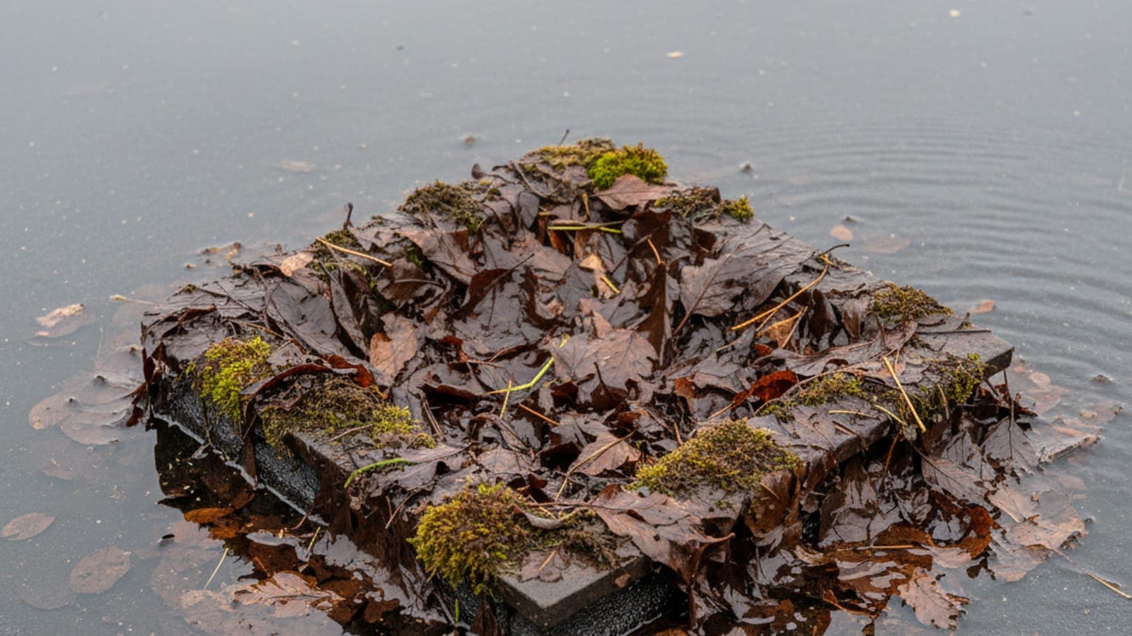 Mit Laub und Moos verstopfter Dach-Gully auf einem Flachdach, Wasser steht rundherum.