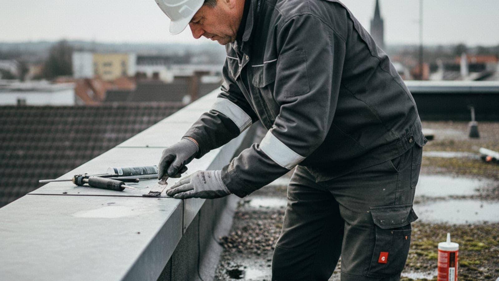 Dachdecker bessert mit dem Spachtel ein Detail an einem Wandanschluss auf einem Flachdach nach – Wartung verlängert die Lebensdauer um Jahre.
