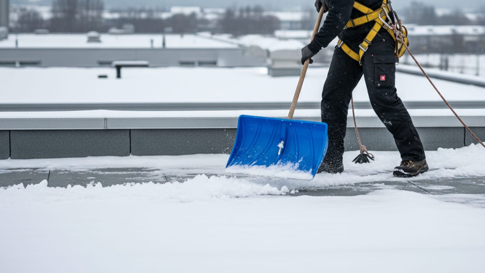 Dachdecker mit Sicherungsgurt und Kunststoffschaufel räumt Schnee gleichmäßig von einem Flachdach und lässt eine 5-cm-Schutzschicht stehen.
