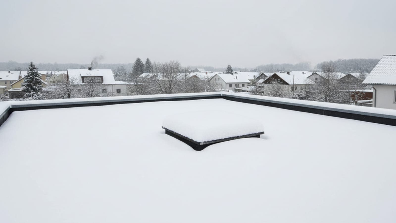 Geschlossene Schneedecke auf einem deutschen Flachdach mit Lichtkuppel und Attikakante im Winter – auf modernen Konstruktionen normal, bei Altbauten kritisch.