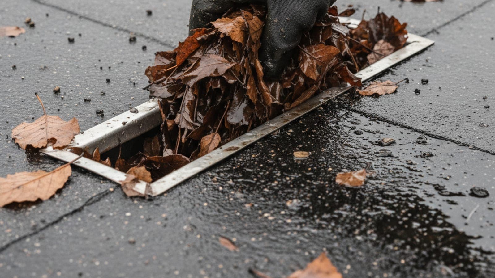 Behandschuhte Hand zieht nasses Herbstlaub aus einem Dach-Gully – die wichtigste Vorbeuge-Maßnahme vor dem Winter.