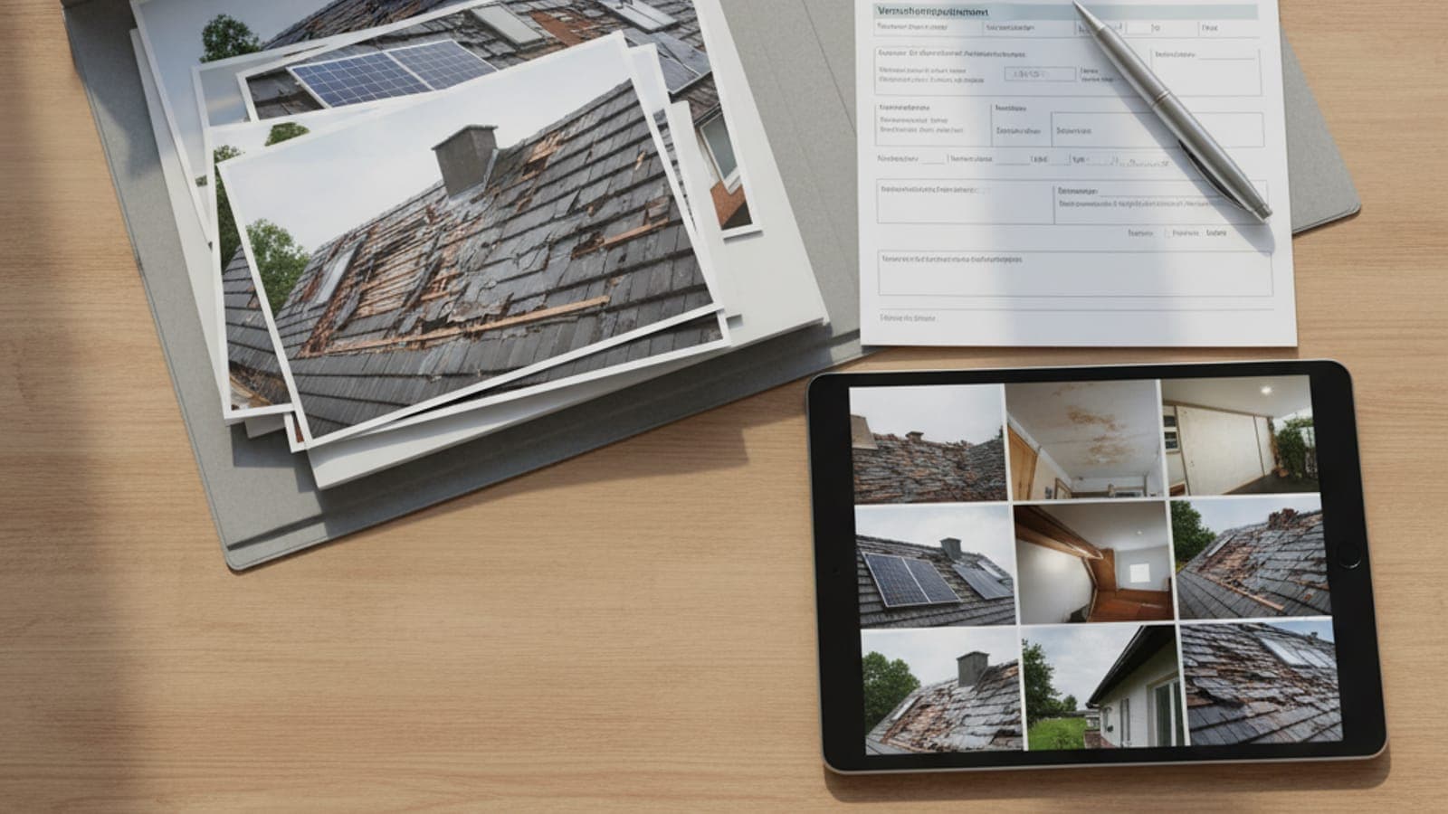 Schreibtisch mit geöffneter Schadensmappe: ausgedruckte Foto-Doku der Dachschäden, Versicherungs-Schadenformular, Tablet mit weiteren Aufnahmen.