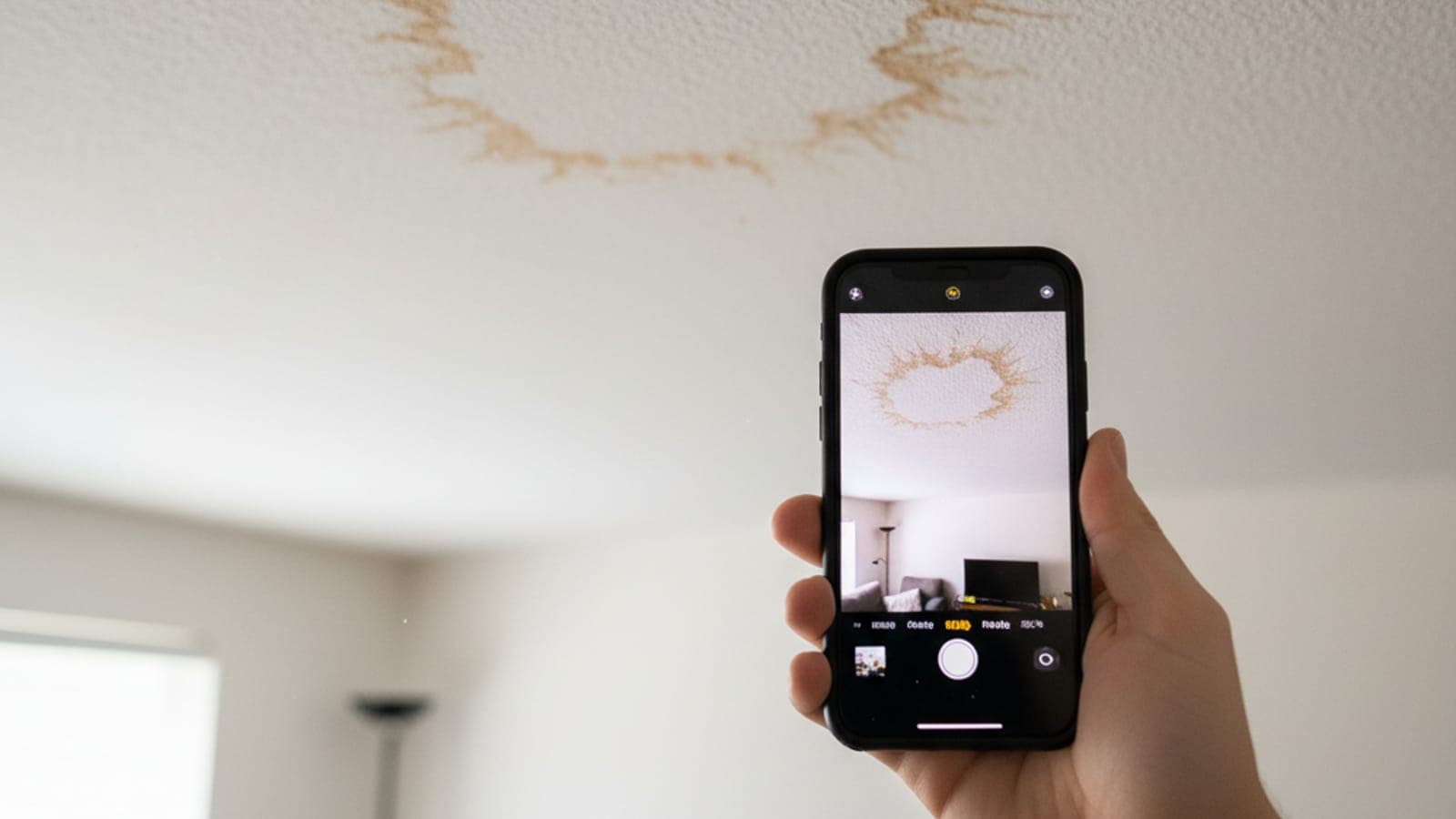 Eigentümer fotografiert mit dem Smartphone einen braunen Wasserfleck an der weißen Wohnzimmerdecke – erste Foto-Doku für die Versicherung.