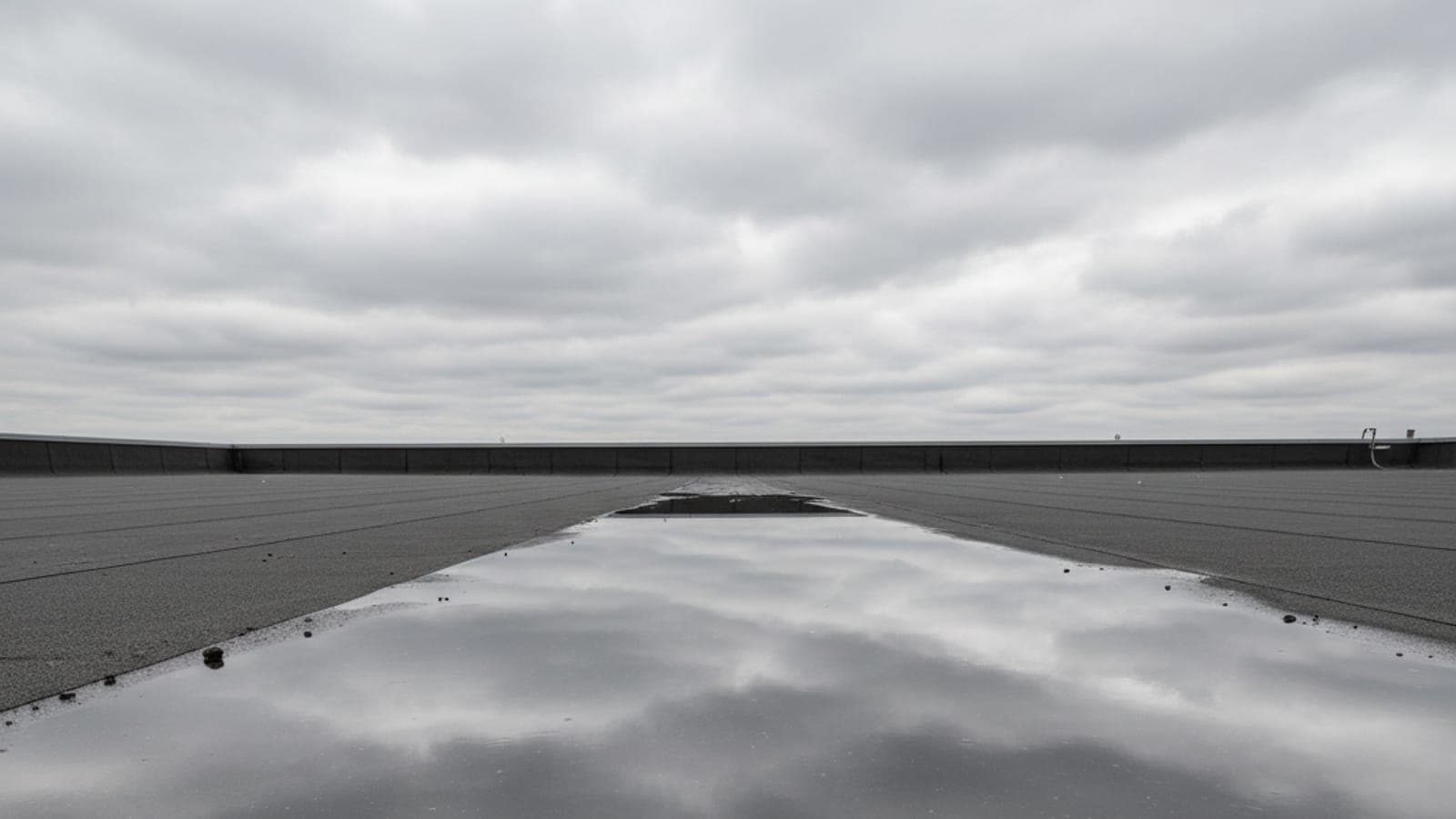 Stehende Wasserpfütze auf einem dunkelgrauen Flachdach – der Wolkenhimmel spiegelt sich nach Regen.