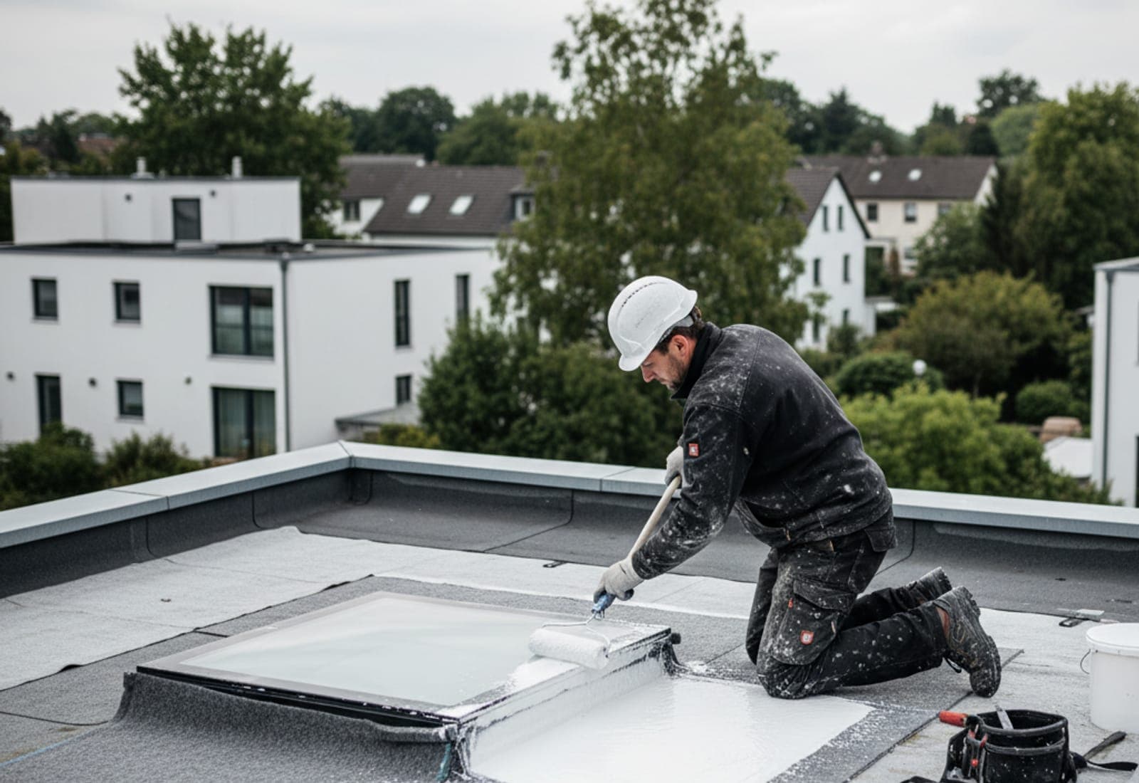 Dachdecker trägt mit Roller eine helle Flüssigkunststoff-Schicht rund um eine Lichtkuppel auf.