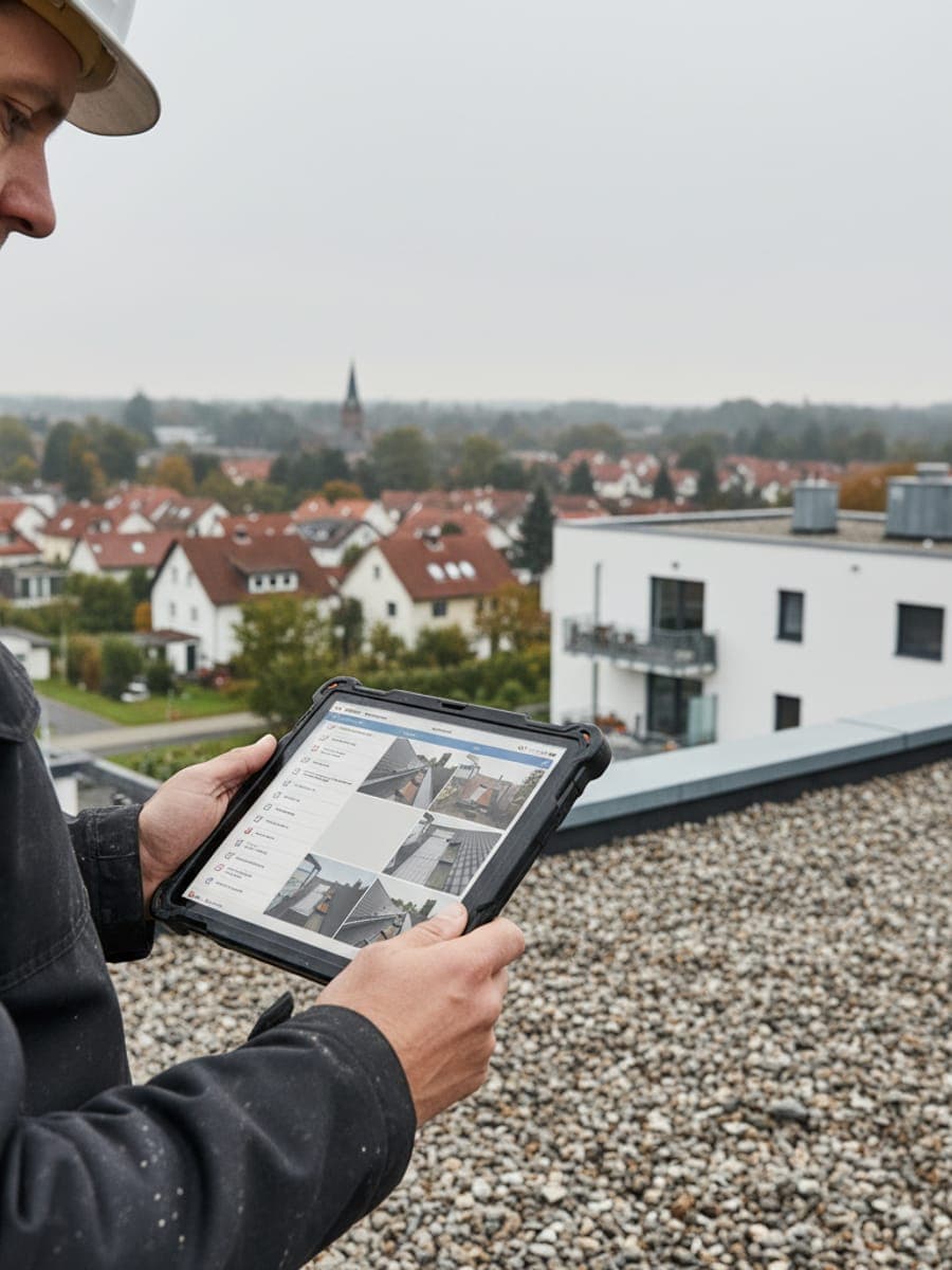 Dachdecker hält ein robustes Tablet mit Inspektions-Checkliste und Dachfotos auf einem WEG-Flachdach.