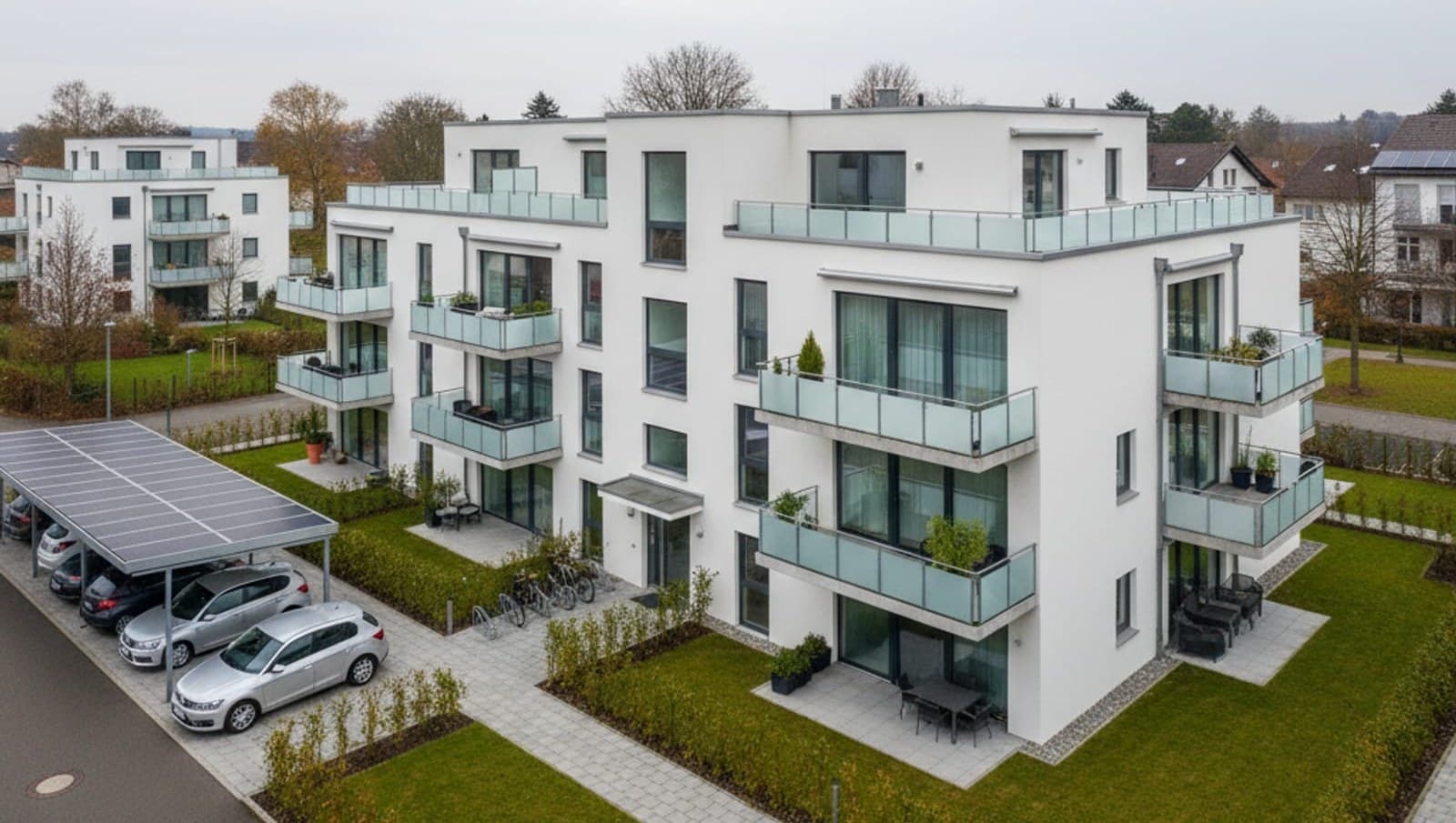 Modernes Mehrfamilienhaus mit Flachdach und PV-Carport in einer Wohnsiedlung in Baden-Württemberg.