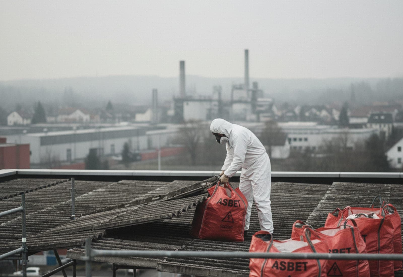 Dachdecker im weißen Vollschutzanzug mit P3-Atemschutzmaske demontiert vorsichtig graue Eternit-Wellplatten von einem Flachdach.