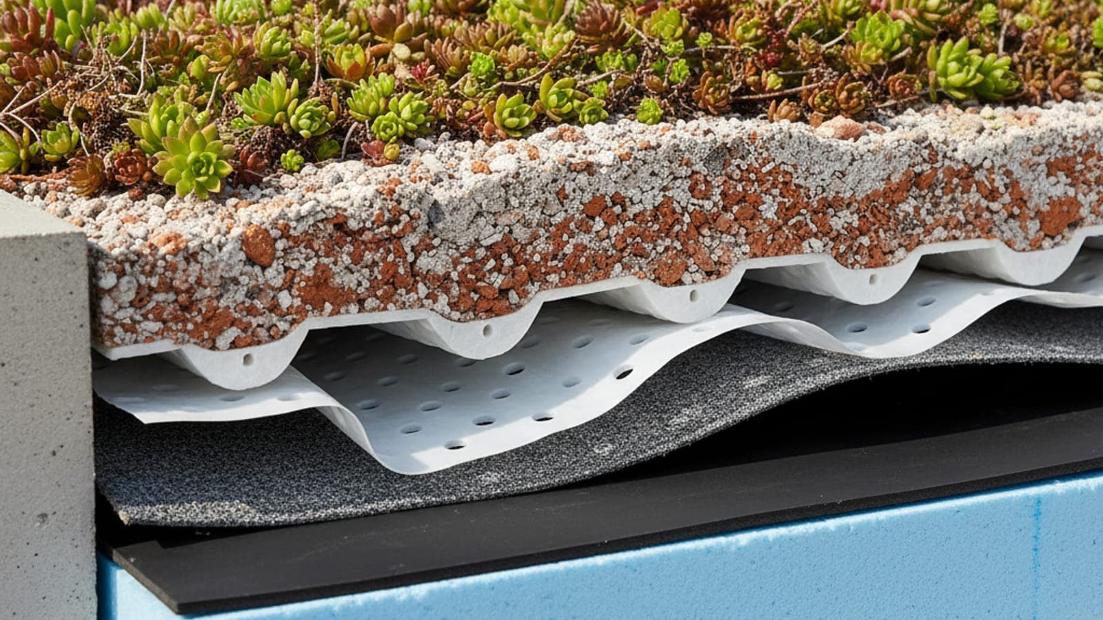 Schicht-Aufbau eines extensiven Gründachs im Anschnitt: Substrat mit Sedum, weiße Drainschicht, Wurzelschutz und Abdichtungsbahn.
