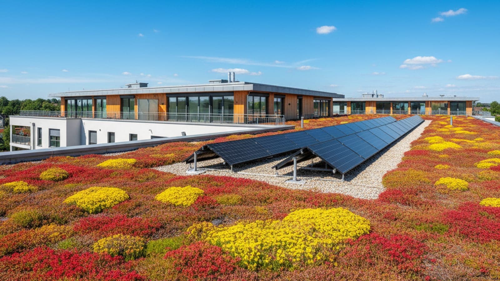Ausgereiftes extensives Gründach auf einem modernen Mehrfamilienhaus in Baden-Württemberg mit blühendem Sedum-Mosaik und PV-Modulen entlang einer Kante.