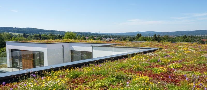Extensive Dachbegrünung mit blühendem Sedum auf einem modernen Flachdach.