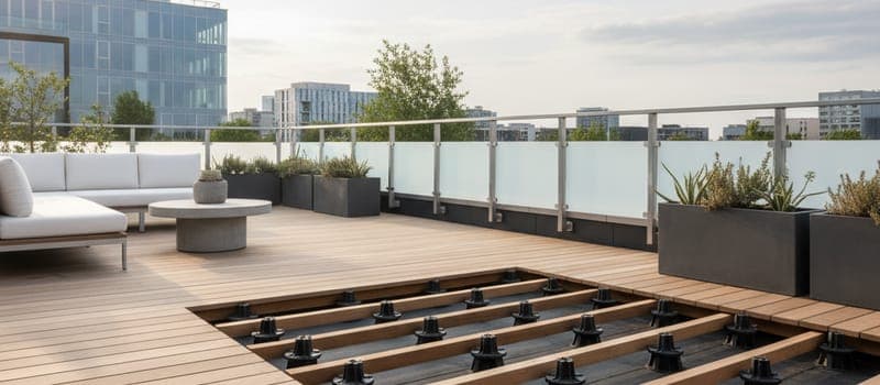Dachterrasse mit Holzbelag auf Stelzlagern über einer schwarzen Flachdachabdichtung.