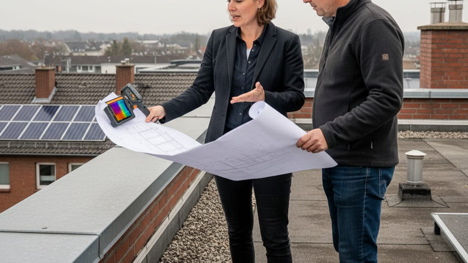 Energieberater steht mit Bauplan und Wärmebildkamera auf einem Flachdach und bespricht den Aufbau mit dem Eigentümer.