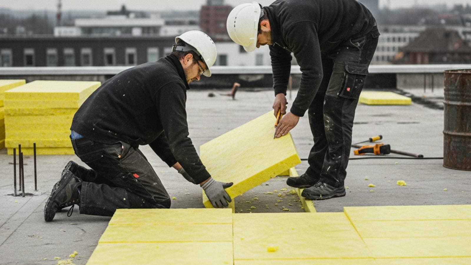 Zwei Dachdecker verlegen gelbe PIR-Dämmplatten dicht an dicht auf einer Flachdach-Betondecke.