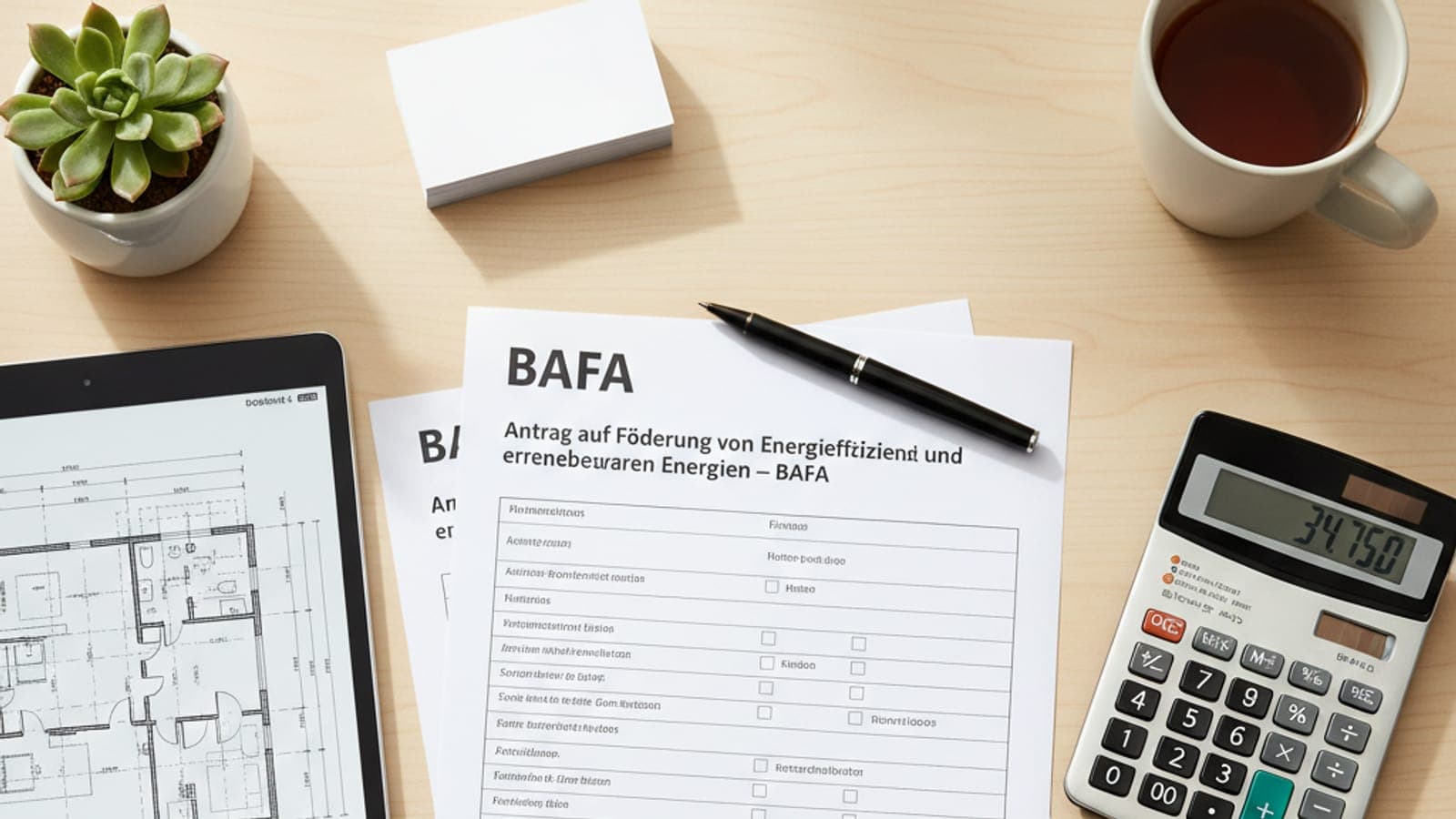 Schreibtisch mit BAFA-Förderantrag, Taschenrechner, Tablet mit Bauplänen und Stift – die Förderung wird vor dem Spatenstich beantragt.