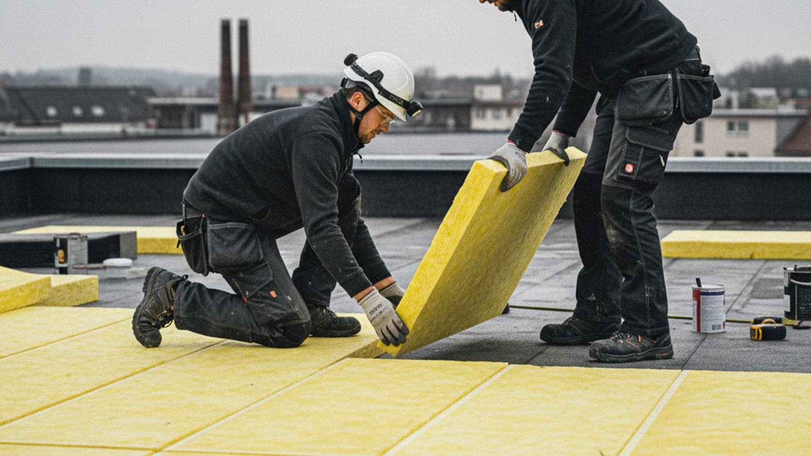 Zwei Dachdecker verlegen dicke gelbe PIR-Dämmplatten auf einer Flachdach-Betondecke – die Dämmarbeit ist BAFA- und KfW-förderfähig.