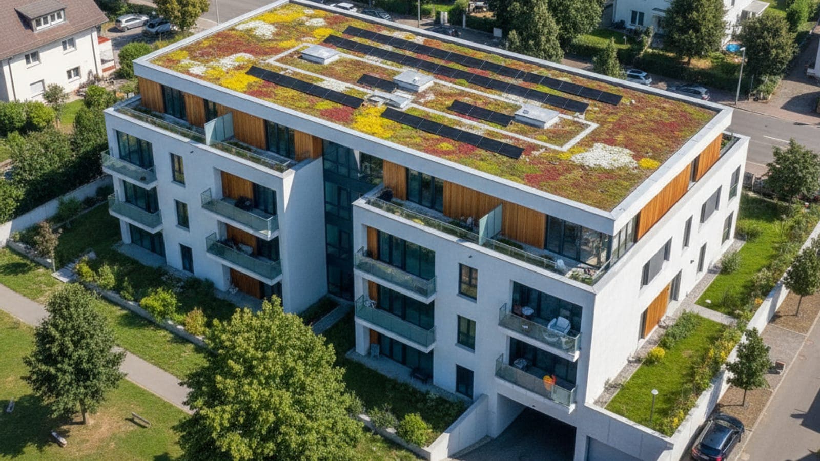 Modernes Mehrfamilienhaus in Ludwigsburg mit extensiv begrüntem Flachdach und integrierter PV-Anlage – Beispiel für kombinierte BAFA- und Kommunal-Förderung.