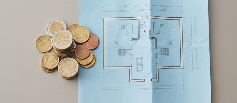 Euro-Münzen neben einer Bauzeichnung für ein Flachdach.