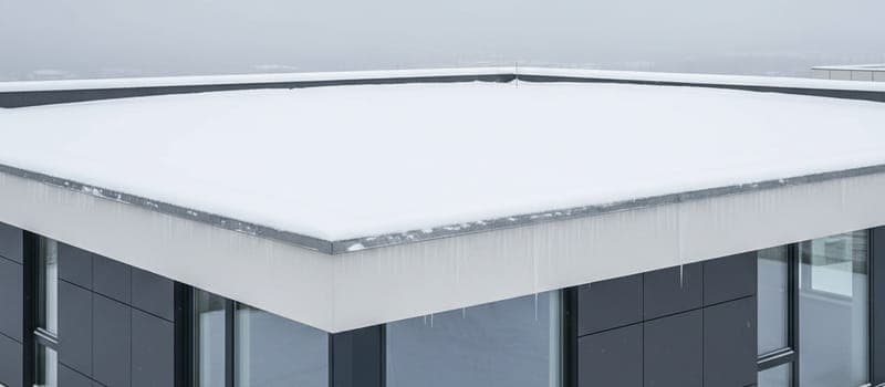Schneebedecktes Flachdach mit Eiszapfen am Attikarand im Winter.