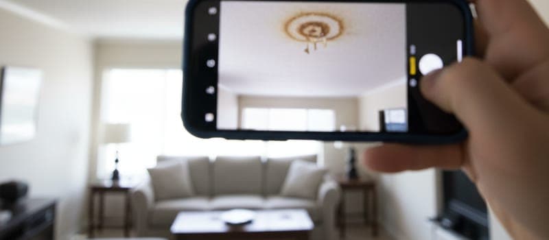 Smartphone dokumentiert einen Wasserfleck an einer Zimmerdecke.