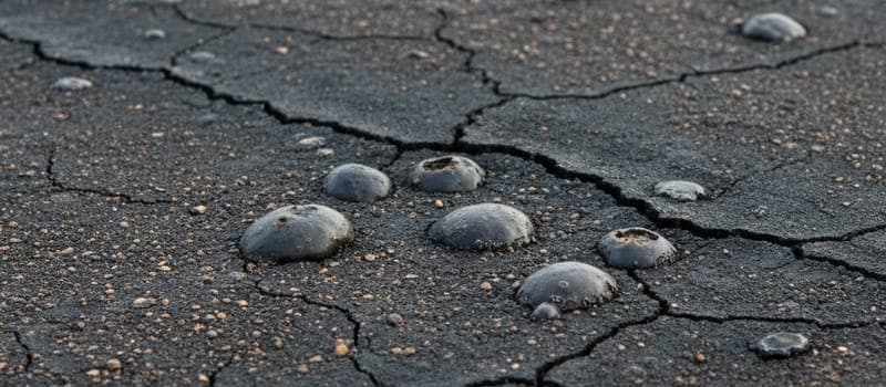 Gealterte Bitumen-Oberfläche mit Rissen und Blasen auf einem Flachdach.