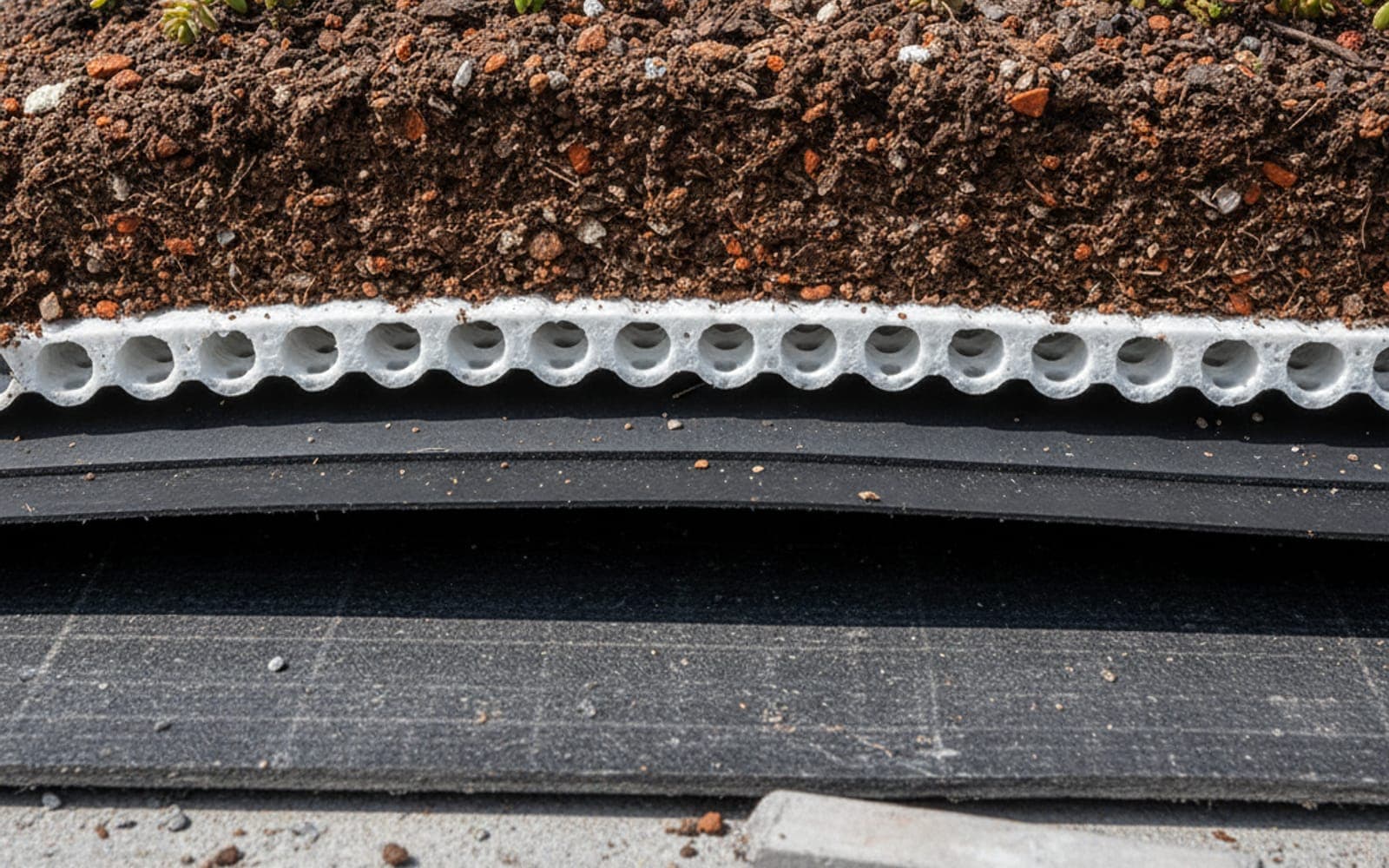 Schicht-Aufbau eines Gründachs im Anschnitt: Substrat mit Sedum, Drainschicht, Wurzelschutz, wurzelfeste Bitumen-Abdichtung.