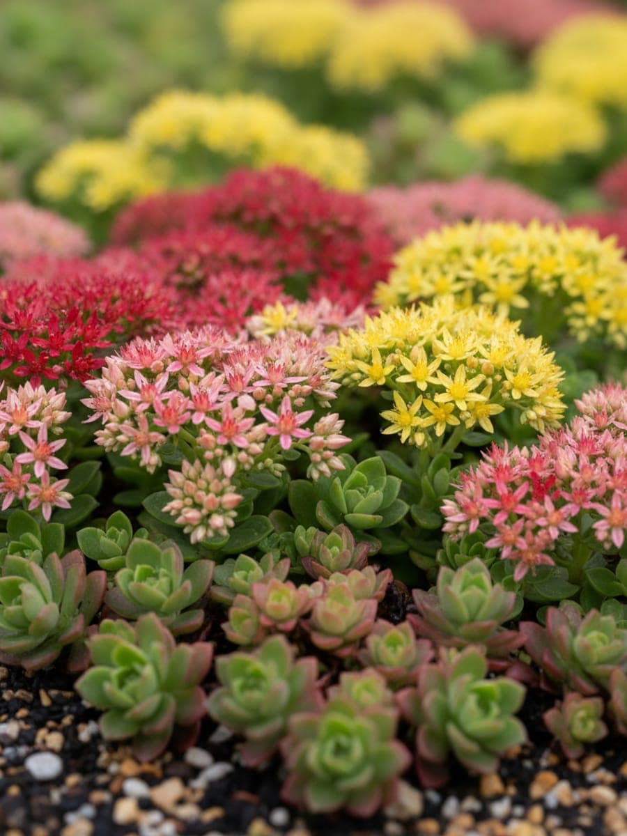 Nahaufnahme blühender Sedum-Pflanzen mit fleischigen Blättern und Tautropfen.