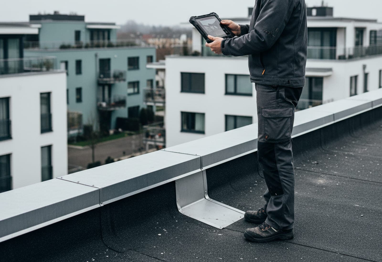 Dachdecker dokumentiert mit einem robusten Tablet Detailaufnahmen einer Attika-Abdeckung auf einem Flachdach.
