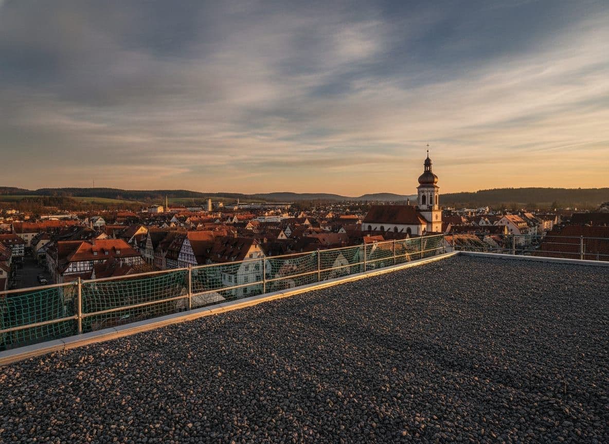 Kiesdach mit Gerüst über den Dächern der Stadt – Flachdach-Baustelle der VK Flachdach