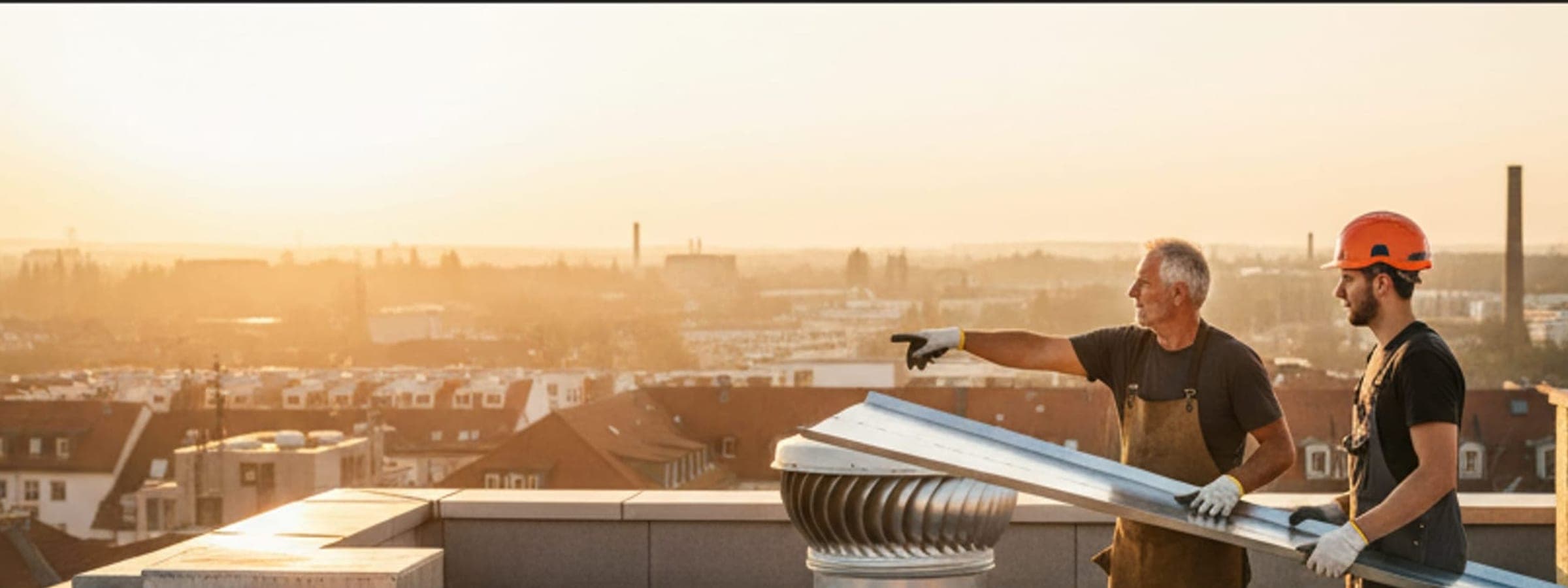 Dachdecker und Auszubildender arbeiten gemeinsam auf einer Baustelle