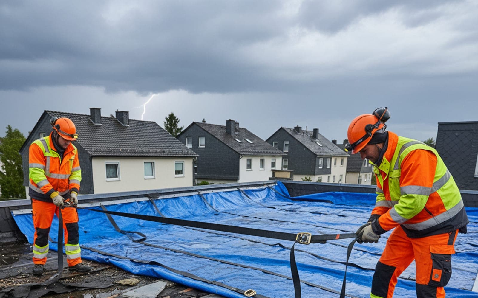 Dachdecker sichern bei aufziehendem Gewitter ein Flachdach mit einer Notabdeckplane