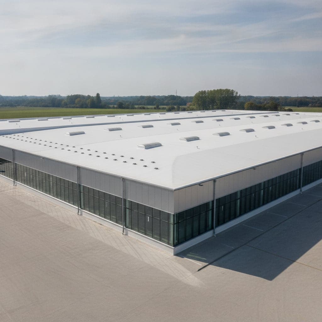 Große Industriehalle mit Flachdach-Großfläche aus der Vogelperspektive