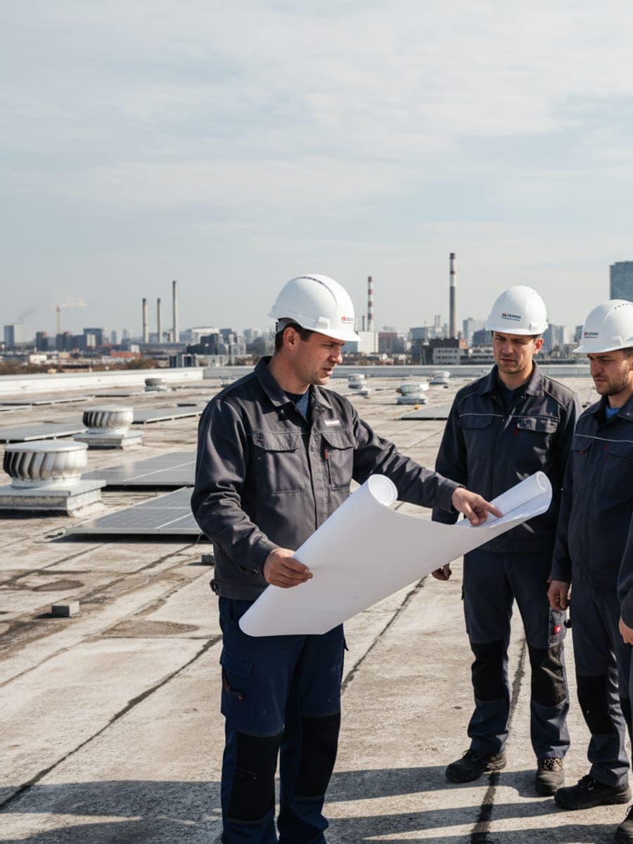 Bauleiter mit Plan in der Hand bespricht den nächsten Bauabschnitt auf einem großen Industriedach.