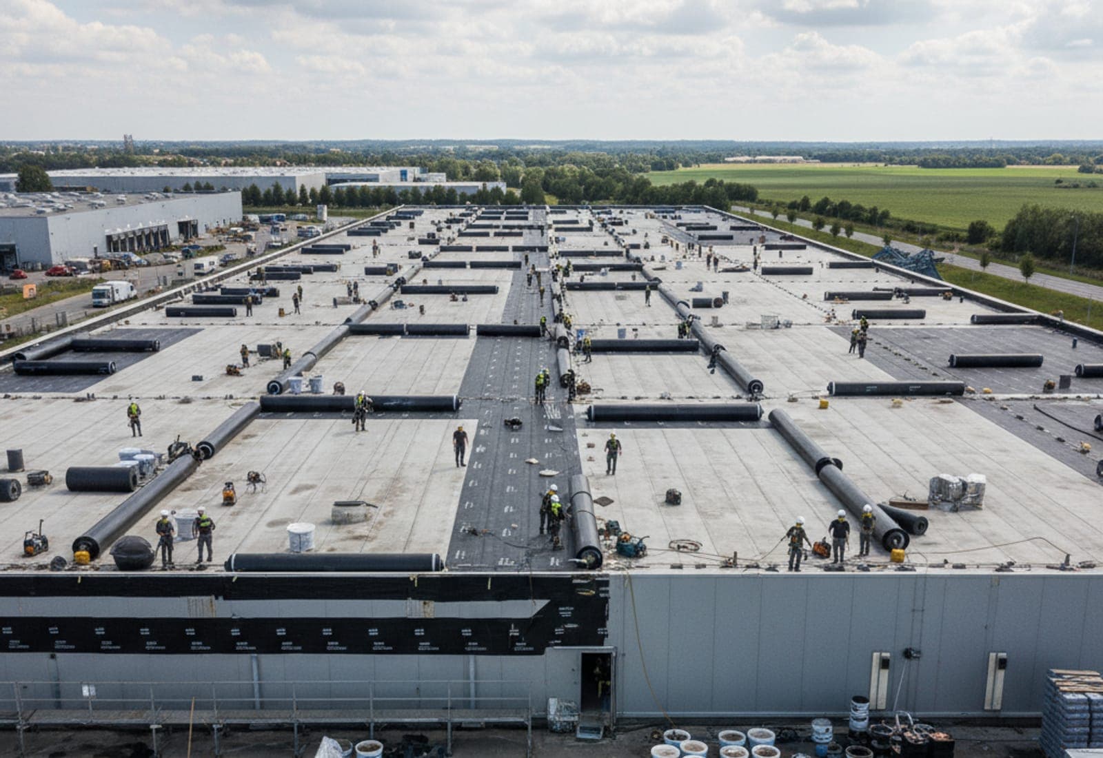 Großflächiges Industrie-Flachdach mit mehreren parallel arbeitenden Dachdecker-Trupps und ausgerollten Abdichtungsbahnen.